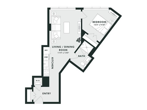 Floor plan for 1 bed, 1 bath, 578 sqft